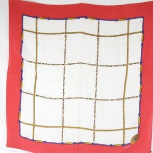 "used" Chanel Chain Plaid Scarf Silk Red X White